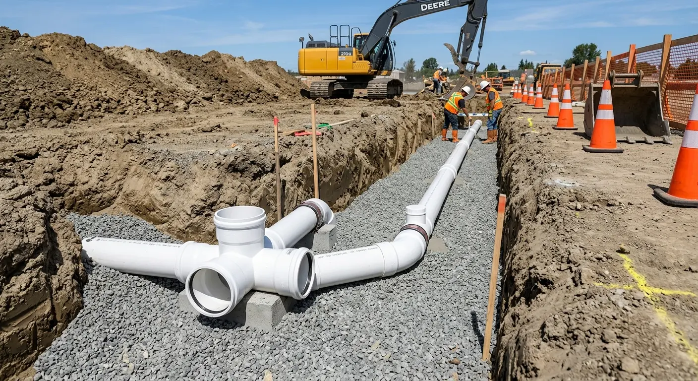 New PVC sewer pipe installation in open trench for Sewer Camera Inspection in Nibley