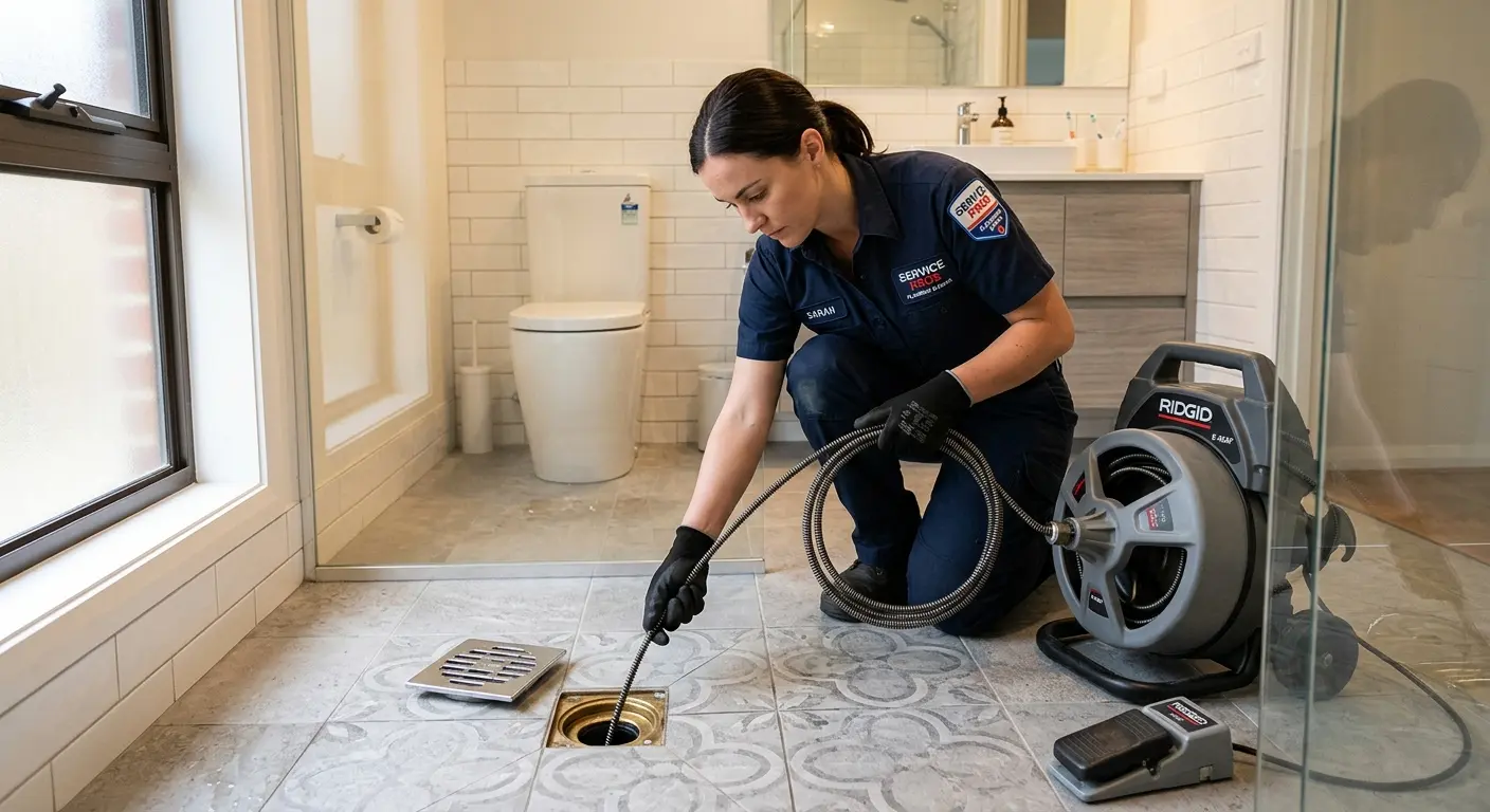 Technician clearing a bathroom floor drain for Sewer Line Installation in Nibley